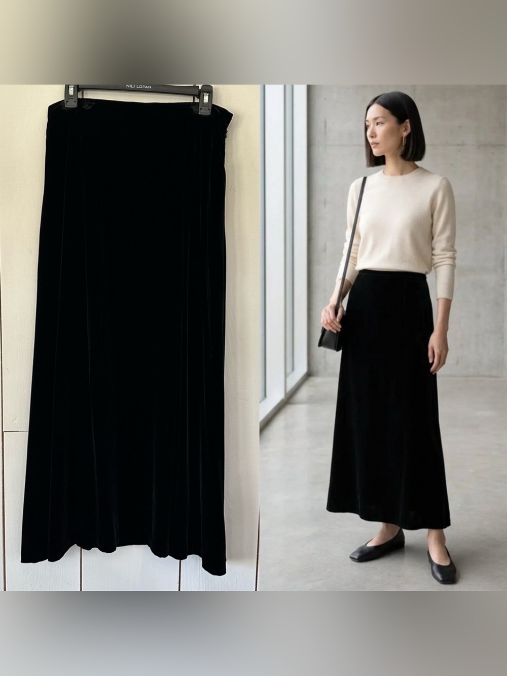 Vintage 90s Eddie Bauer Black Velvet Maxi Skirt M Silk Rayon Minimalist